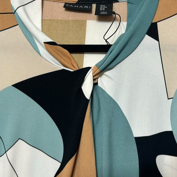 Tahari Geometric Print Knot Neck Blouse NWT Women's Sz M MultiFlutter Sleeve - Picture 4 of 6